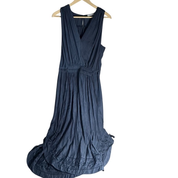 Ramy Brook Hayley Navy Cinch Tie Waist Asymmetrical Lace Hem Midi Dress Sz L - Picture 2 of 11